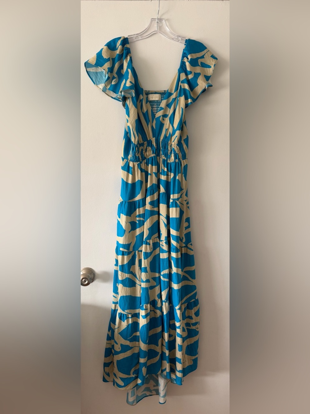 Blue Abstract Flutter Sleeve Open Cutout Back Tiered Maxi Dress Melloday Small